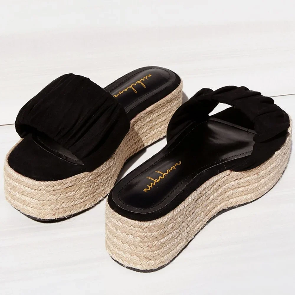 NEW Black Ruched Faux Suede Espadrille Slip On Slides Wedge Platform Sandal Shoe